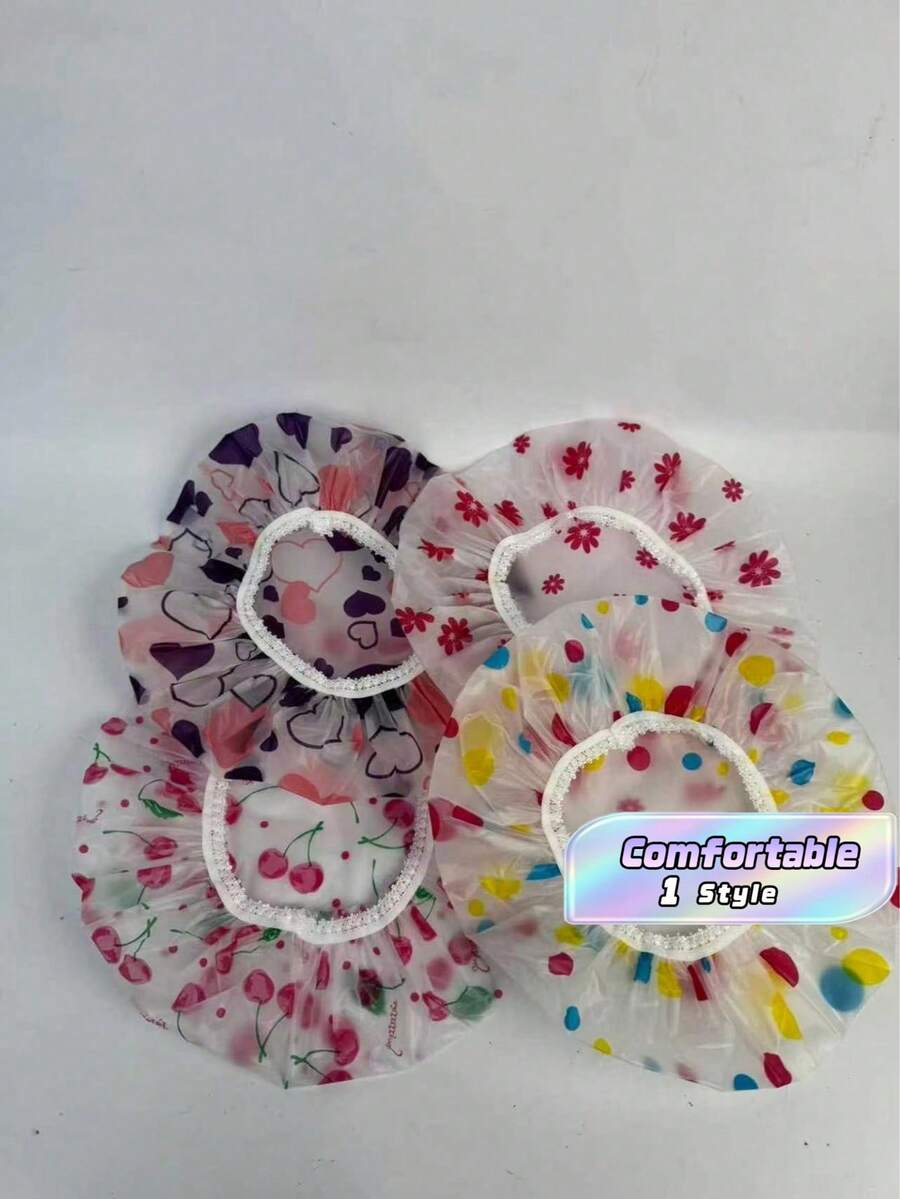 4PCS Floral Print Waterproof Shower Cap, Elastic Reusable Bathing Hair Cap For Bathroom Home Bathroom Decor Fall Decor Back To School - multicolor - View 1