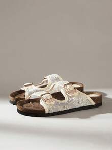 Solecia Ladies Spring And Summer Woven Sandals Double Buckle Adjustable Open-Toe Flat Bottom Light And Comfortable Versatile Casual Wear Beach Vacation Shoes - Mesh apricot - View 2
