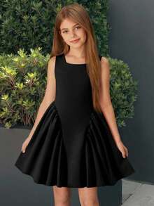 Kids Young Girl Woven Solid Color Square Neck Casual Sleeveless Dress N O Ne 7th Birthday Summer - Black - View 5