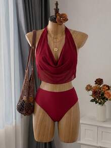 Swim Vcay 大尺碼女款素色細肩帶高衩兩件式泳衣套裝，適合春夏季海灘度假 - 紅色 - 查看 7