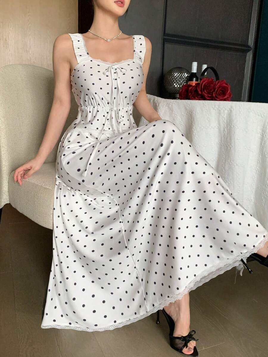 DAZY 春夏法式甜美波点方领系带上衣搭配低腰半裙两件套,时尚性感女士夏季套装 - 白色 - 查看 1