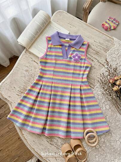 Cozy Pixies Đầm polo cổ bẻ xếp ly phối màu tương phản, chất liệu dệt kim Dopamine mềm mại và thoải mái cho bé gái, có sọc, eo co giãn tốt, thích hợp cho kỳ nghỉ.