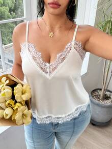 SHEIN EZwear Plus Size Women Lace Patchwork Casual Versatile Daily Wear Camisole Top - Apricot - View 6