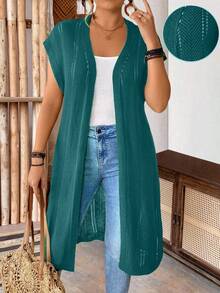 SHEIN LUNE CURVE Plus Size Women's Sleeveless Hollow Out Long Cardigan, Lightweight, Suitable For Vacation, Commute, St. Patrick's Day, Spring/Summer - Teal Blue - View 1