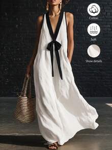 SHEIN Holidaya 女士新款春夏黑白撞色100%纯棉宽松V领休闲度假通勤日常优雅派对居家长款无袖连衣裙 - 白色 - 查看 3
