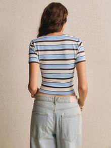 Poéselle Blue & White Striped Casual T-Shirt - Blue and White - View 7