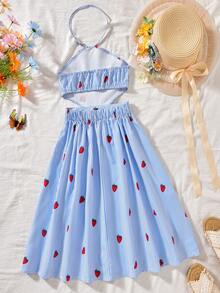 Elladie kids Đầm chữ A cổ yếm màu xanh nhạt và trắng kẻ sọc dọc in hình dâu tây ngọt ngào cho bé gái, chất liệu vải dệt mềm mại, rủ nhẹ, thích hợp cho kỳ nghỉ, mặc hàng ngày, dự tiệc, phong cách công chúa. - Màu xanh lam - Xem 2