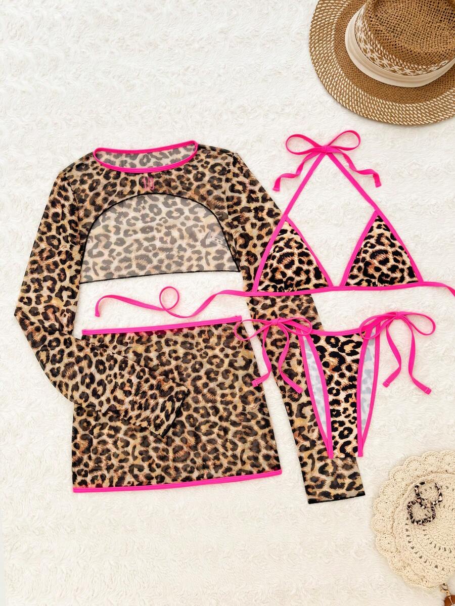 SHEIN Swim 新款春夏歐美風多色豹紋字母Logo洋紅色飾邊掛脖側綁帶長袖罩裙 4件式性感海灘度假泳衣套裝 女款 - 彩色 - 查看 1