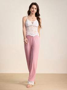 Hourtrue Women's Solid Color Lace Cami Top With Color Block Lace Patchwork Pants Pajama Set Pajamas Set For Womanfor Summer - Pink - View 6