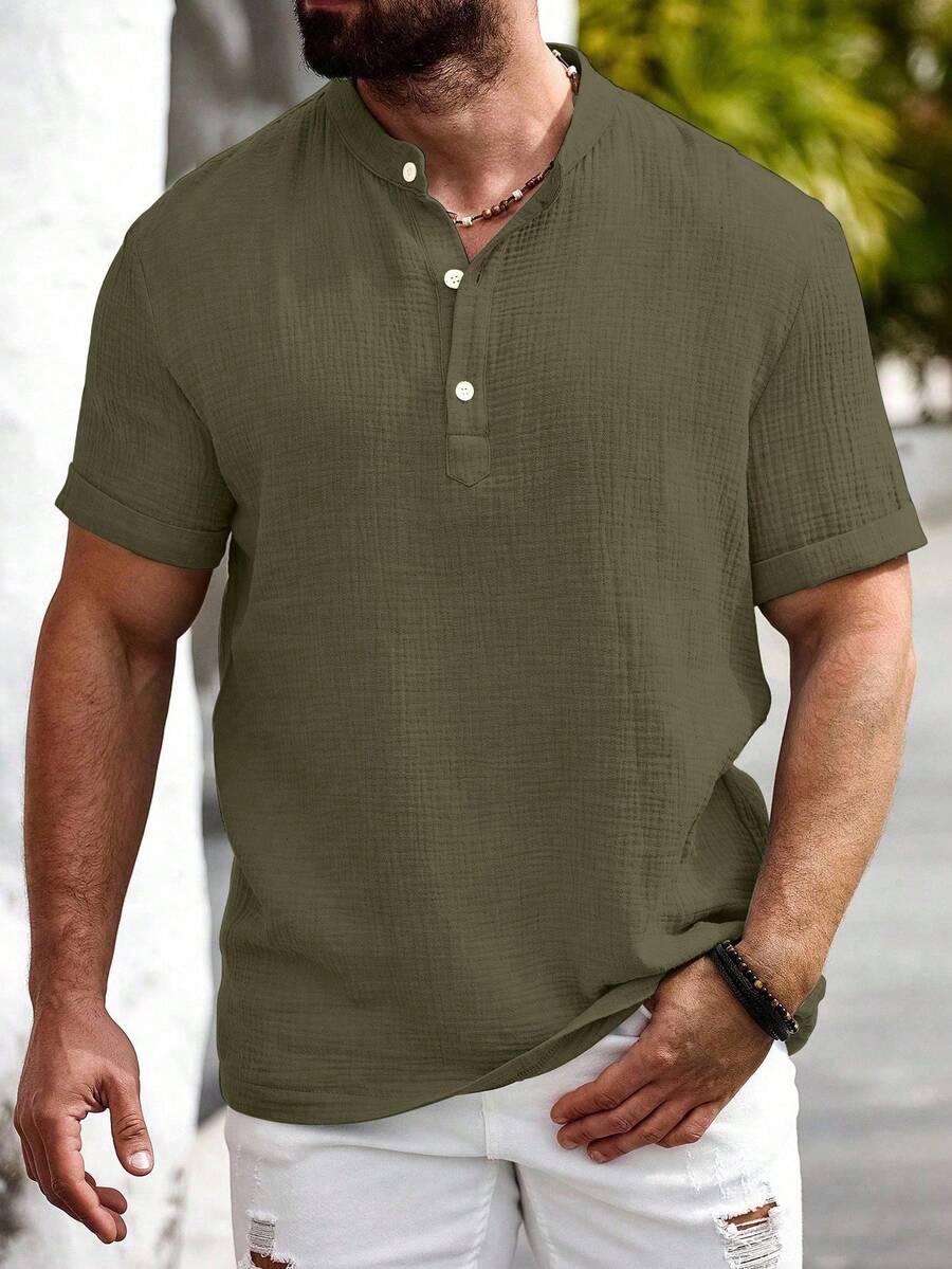 Manfinity Homme Manfinity Nomadique Men's Casual Cotton-Linen Shirt Summer Hengli Collar - Army Green - View 1