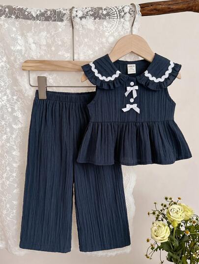 SHEIN Conjunto de 2 piezas de blusa con cuello Peter Pan con volantes y pantalones de cintura elástica para niña bebé