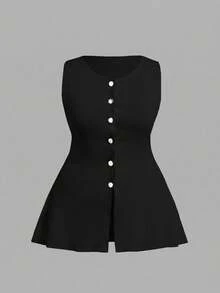 SHEIN EZwear 黑色大码轻薄针织无袖上衣，夏季 - 黑色 - 查看 7