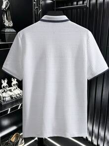 Manfinity Homme Men's Knitted Jacquard Texture Splicing Contrast Collar 3-Button Collar & Cuff Ribbed Polo Shirt, Formal - White - View 2