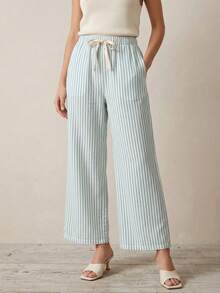 Pantalón Palazzo de Rayas  con Cintura Elástica - Verde Oscuro - Ver 1