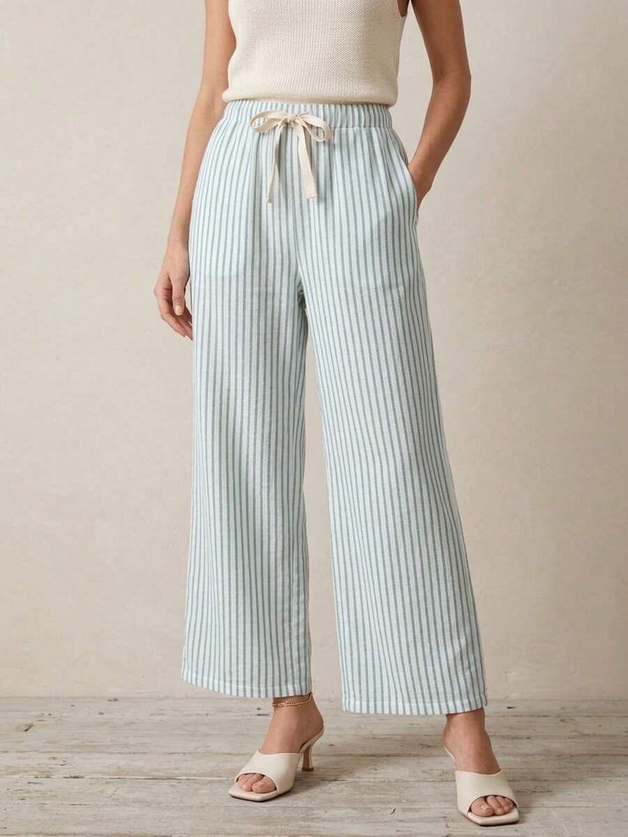 Pantalón Palazzo de Rayas con Cintura Elástica - Verde Oscuro - Ver 1