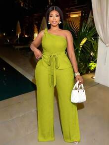 SOLERSUN Plus Size Women Olive Green Summer Elegant Vacation Set, Off-Shoulder Knotted Sleeveless Top&Straight Leg Trousers Two Pieces Casual Set - Mint Green - View 1