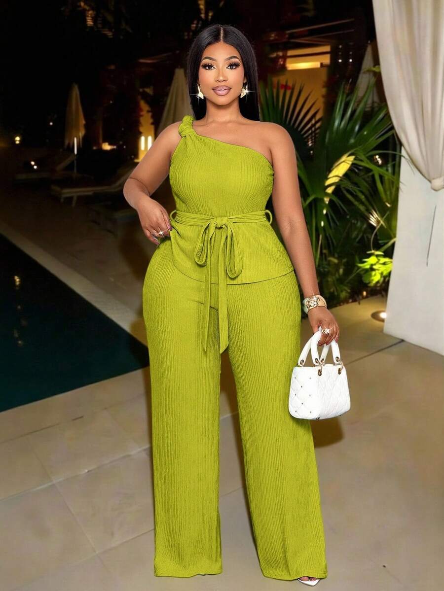 SOLERSUN Plus Size Women Olive Green Summer Elegant Vacation Set, Off-Shoulder Knotted Sleeveless Top&Straight Leg Trousers Two Pieces Casual Set - Mint Green - View 1