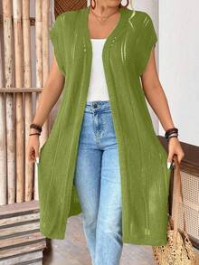 SHEIN LUNE CURVE Plus Size Women's Sleeveless Hollow Out Long Cardigan, Lightweight, Suitable For Vacation, Commute, St. Patrick's Day, Spring/Summer - Olive Green - View 3