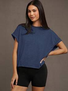 Shapeblank 大码女式春夏时尚休闲舒适宽松日常蓝色露背短袖 T 恤，夏季女式，外出上衣，Y2k，演唱会女装，露背上衣，街头服饰，露背上衣 - 藏蓝色 - 查看 5