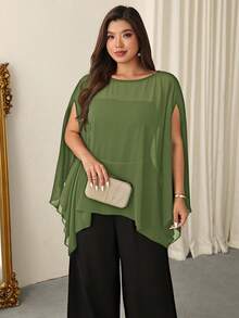 Firerie Plus Size Women's Solid Color Round Neck Cape Sleeve Elegant Blouse Fall - Green - View 6