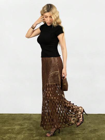 PRISCILA ESCOTO PRISCILA ESCOTO Summer, Beach, Festival, Holiday Elegant Rope Knot Crochet Hollow Out Embroidered Metallic Gold Accent A-Line Skirt