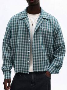 SUMWON Vintage Inspired Oversized Plaid Check Button Down Shirt Script Logo Embroidery Raw Hem Detail - Blue - View 5