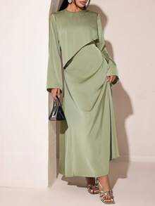 Veilorie Women's Solid Color Round Neck Long Sleeve Elegant Dress - Green - View 4
