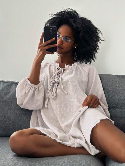 Livesso Women's Solid Color Knotted Casual Loose Lace Patchwork Jumpsuit Loungewear