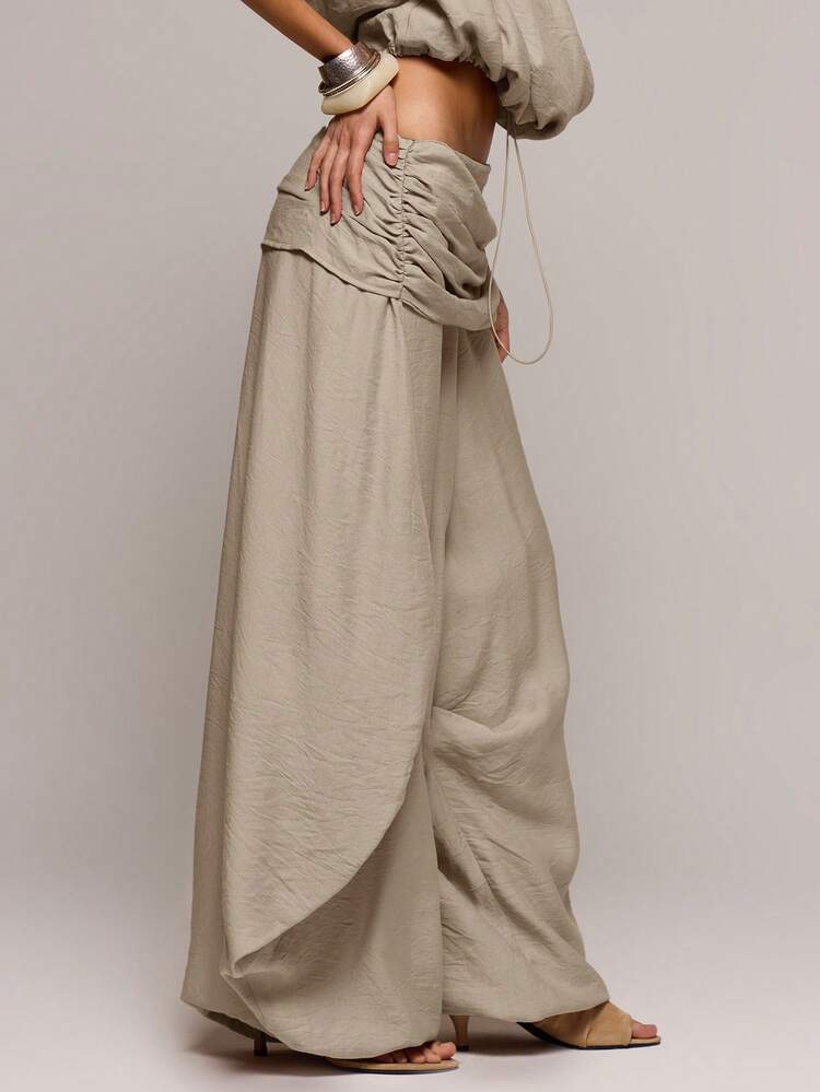 MUSERA Low Rise Textured Linen Extreme Drape Wide Leg Trousers Pants,Khaki,Summer,Boho,Vacation,Holiday Date Night Club Festival Outfits Soul Ties - Apricot - View 3