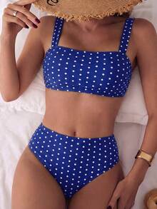 Swim Mod Bộ bikini 2 mảnh mùa hè dành cho nữ, áo hai dây in họa tiết màu ngẫu nhiên và quần đùi cạp cao, thích hợp cho kỳ nghỉ biển. - Nhiều màu - Xem 1