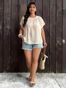 Enliva Plus Size Simple Loose Fit Round Neck Short Sleeve Top, For Apple And Rounded Body Shape - Apricot - View 5