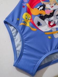 LOONEY TUNES X SHEIN Áo tắm liền thân tay ngắn cổ tròn in hình hoạt hình cho bé gái - Màu xanh lam - Xem 4