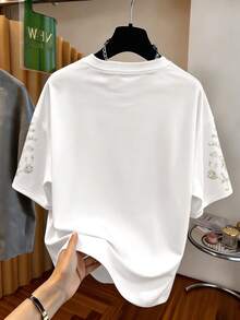 Tween Girls' Casual Pearl & Rhinestone Graphic Print Loose Fit Drop Shoulder Short Sleeve T-Shirt, Cute Outfit For Summer - Multicolor - View 2