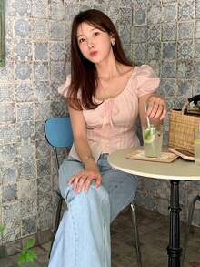 DAZY Women/Girls' Korean Style Tie-Up Short Sleeve Blouse, Spring/Summer Petite - Pink - View 4