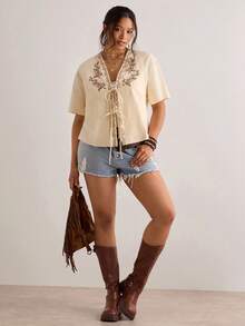 Freevana Plus Size Women Floral Embroidery Short Sleeve Tie Front Shirt - Apricot - View 4