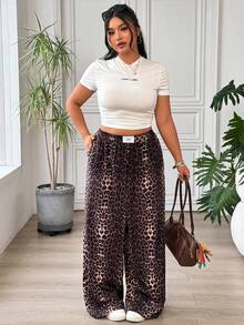 SHEIN EZwear 大码女式休闲时尚街头豹纹斜插口袋宽松阔腿裤 - 棕色 - 查看 5