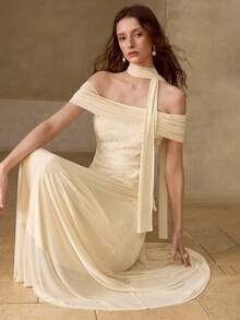 MOTF PREMIUM SUMMER FASHIONABLE ROMANTIC ELEGANT PATCHWORK WAVY TEXTURE FABRIC OFF-SHOULDER DRESS FOR WOMEN VACATION WHITE - Apricot - View 6