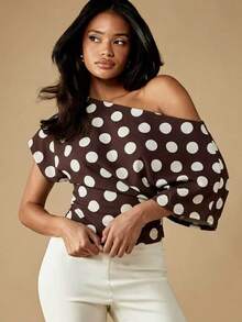 MISSGUIDED Off Shoulder Polka Dot Blouse With Side Tie Detail Brown And White Spotted Asymmetrical Neckline Top - Brown - View 2