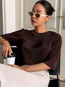 DAZY Ladies' Solid Color Pleated Short Sleeve T-Shirt Sheer School - Coffee Brown - View 5