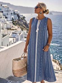 Ceyna Vestido sin mangas de talla grande para mujer, de estilo francés, casual y elegante, con bordado y estampado floral - Azul marino - Ver 3