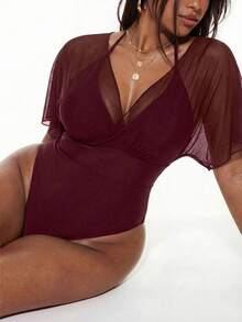 Swim Basics Baju Renang Terusan Minimalis Warna Polos untuk Liburan Pantai Musim Panas Wanita Ukuran Besar - Burgundy - View 2