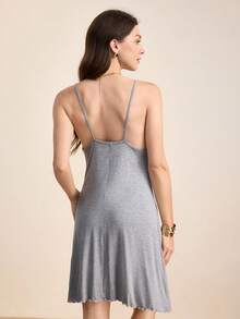Hourtrue Solid Lettuce Trim Cami Lounge Dress - Grey - View 2