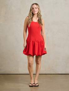 Rouah Vestido de verano de línea A con cuello de barco sin mangas, cintura baja y dobladillo abultado y pomposo para mujer. Apto para boda, recepción de boda, fiesta de boda y invitado de boda. - Rojo - Ver 3