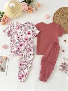 SHEIN Bộ đồ mặc nhà 4 món cho bé gái, kiểu dáng tối giản, ôm sát, cổ tròn, tay ngắn và quần, thích hợp cho mùa xuân và mùa hè. - Nhiều màu - Xem 3