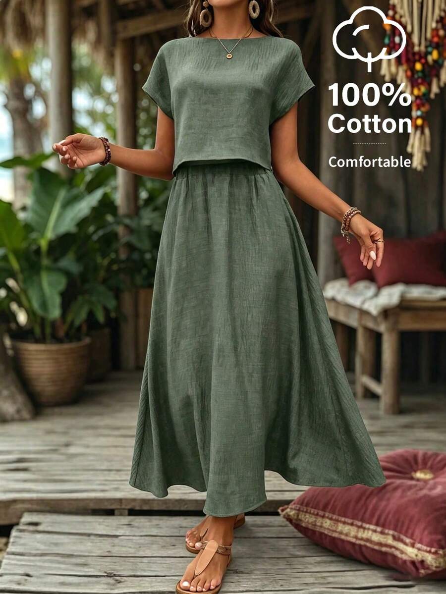 Zayélia Women's Casual Summer Vacation Solid Color Linen Batwing Sleeve Top And Skirt 2-Piece Set - Army Green - View 1