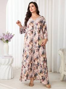 Al Najma 大尺碼女款花卉對比蕾絲寬鬆阿拉伯風洋裝 - 彩色 - 查看 5