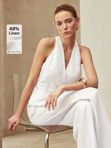 MOTF PREMIUM LINEN DOUBLE WAIST BELT HALTER BLAZER VEST, SPRING/SUMMER - White - View 1