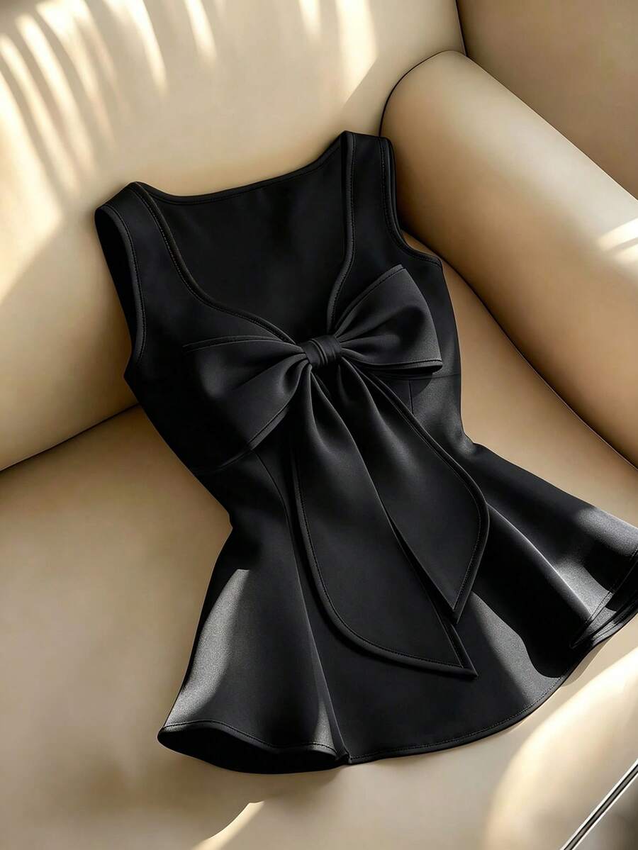 SHEIN Franclia 女士优雅无袖蝴蝶结装饰背心,适合春夏穿着 - 黑色 - 查看 1