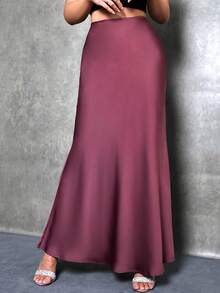 SHEIN Tall 女款素色美人魚式長裙，緞面裙，優雅裙，適合派對、日常穿著，黑色裙 - 酒紅色 - 查看 7