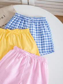 SHEIN 3件套少女梭织纯色条纹格子休闲短裤套装，三件套少女夏季短裤，少女服装，少女短裤，格子短裤，条纹短裤，柔软透气，少女弹力腰带短裤，夏季舒适日常穿着 - 芥末黃 - 查看 3
